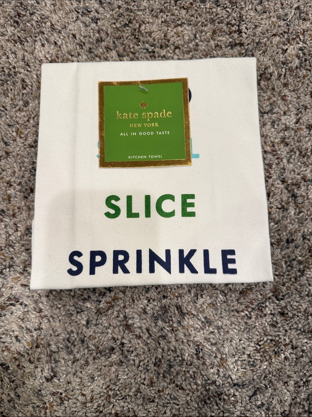 kate spade White Kitchen Towel with Green and Navy Lettering